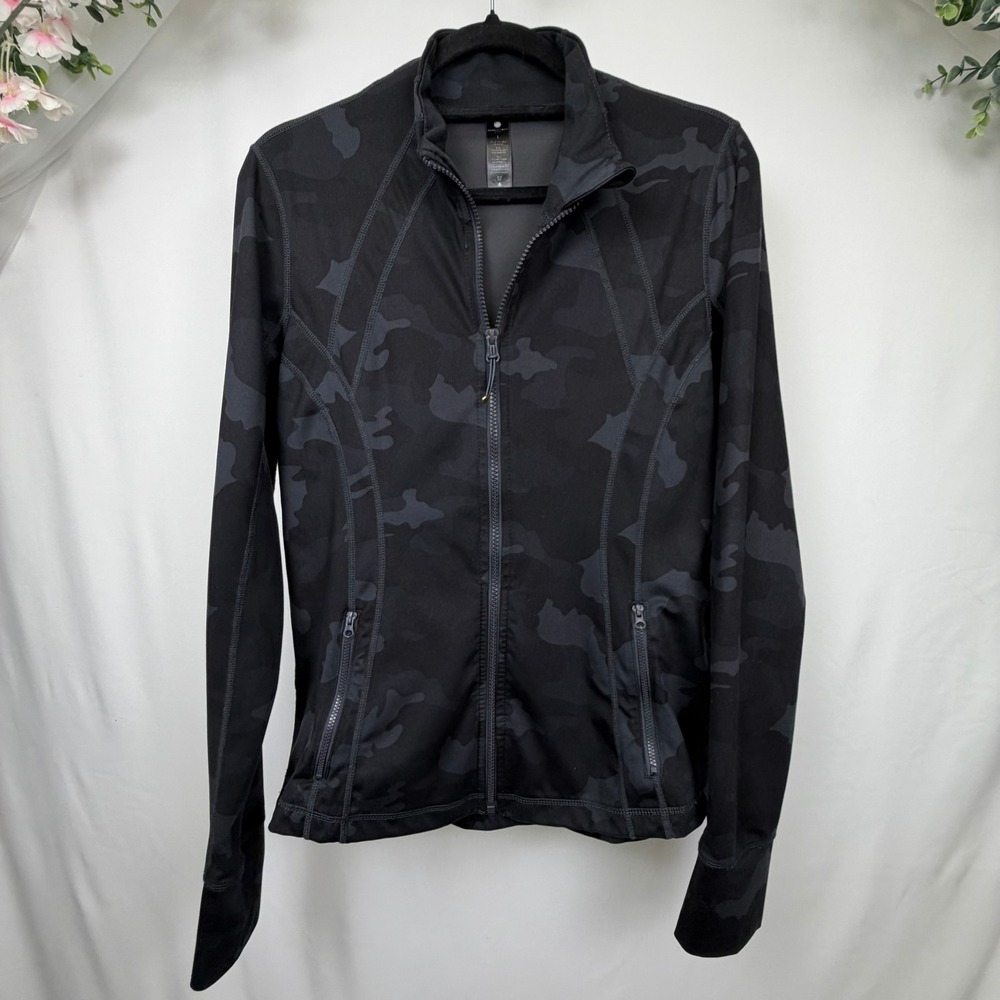 Yogalicious Lux Womens Camo Full Zip Athletic Jacket Black Gray Large Thumbholes